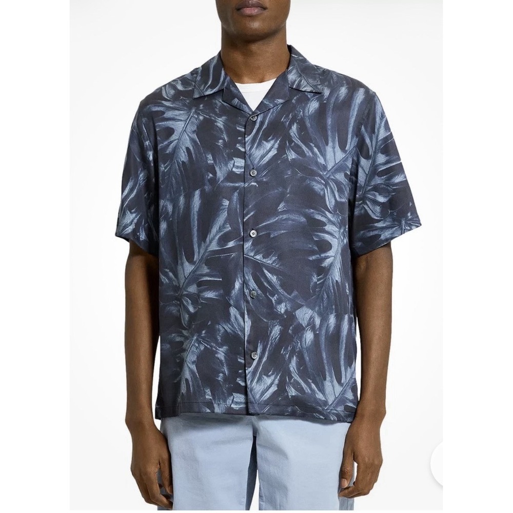 Theory Men Noll Leaf Print Camp Shirt Heron Multi Size Large Button Hawaiian